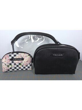 Tahari 3-Piece Travel Trio Cosmetic Case Set Gingham & Floral Print Clear Bag